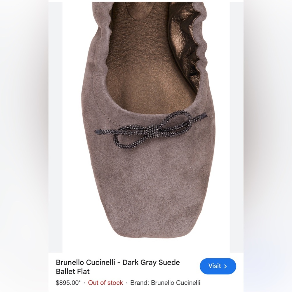 Brunello Cucinelli Square Toe Dark Grey Suede Ballet Flats 39